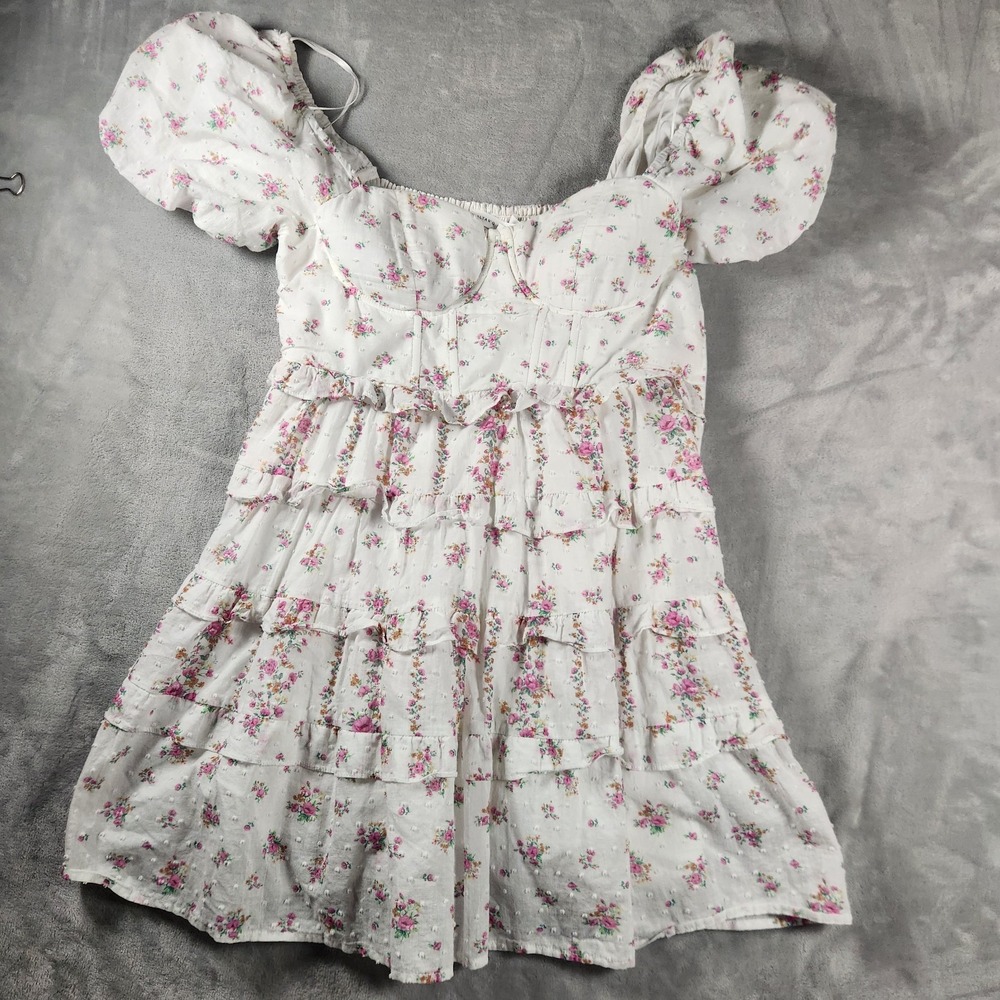 Altard State Harlow Floral Mini Dress L Cottagecore Corset Puff Sleeve Romantic